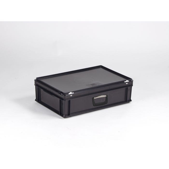 Overzicht links breedte Stapelbare koffer 30 liter, 600x400x185 mm, uit ESD-veilig materiaal |  ENGELS